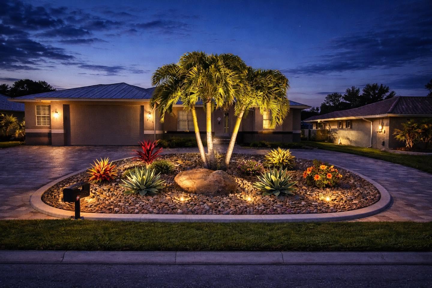 Beautiful landscaped Florida home at golden hour